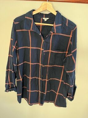 Sonoma Goods For Life Navy Orange Windowpane Plaid Button Down Shirt Womens XL